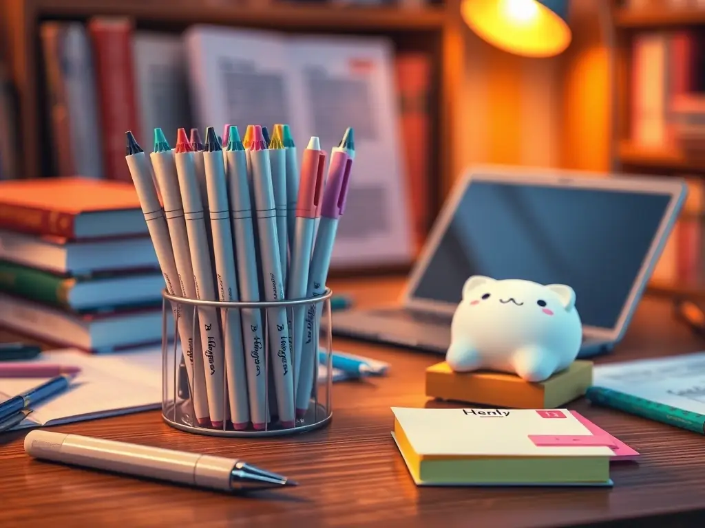 A student-themed stationery gift set featuring a set of fine-point markers, a mechanical pencil, and a kawaii sticky notes, arranged on a desk with textbooks and a laptop in the background.