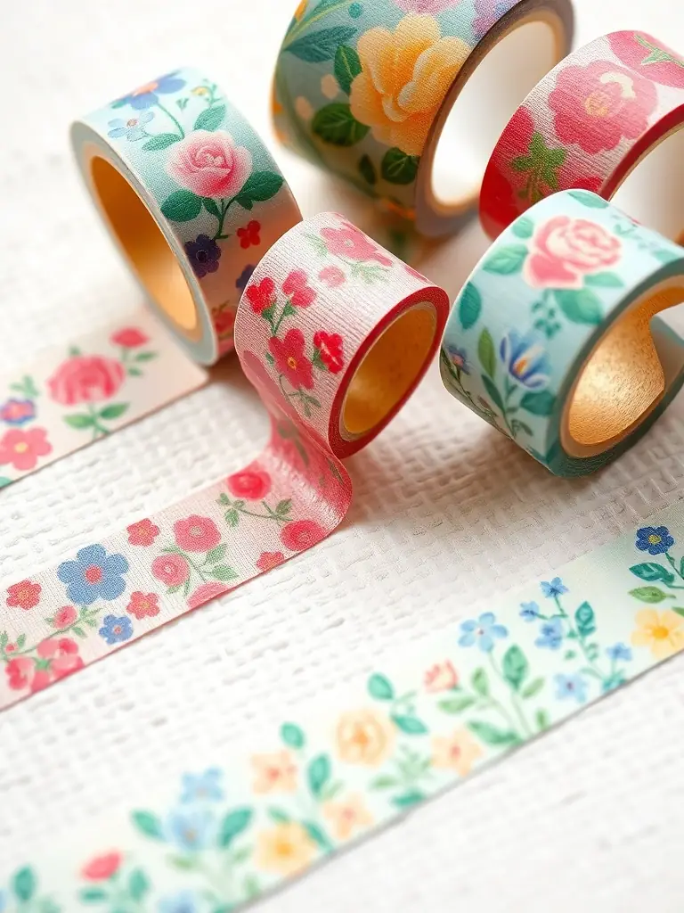 Close-up shot of Japanese washi tape rolls with intricate floral patterns and vibrant colors, showcasing the delicate artistry and high-quality materials used in traditional Japanese crafts.