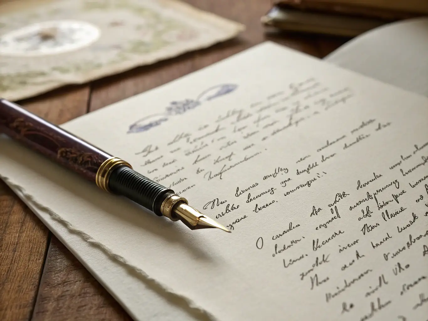 An elegant artisan letter writing set, complete with high-quality stationery paper, envelopes, and decorative seals, displayed on a wooden desk with a vintage pen and inkwell.