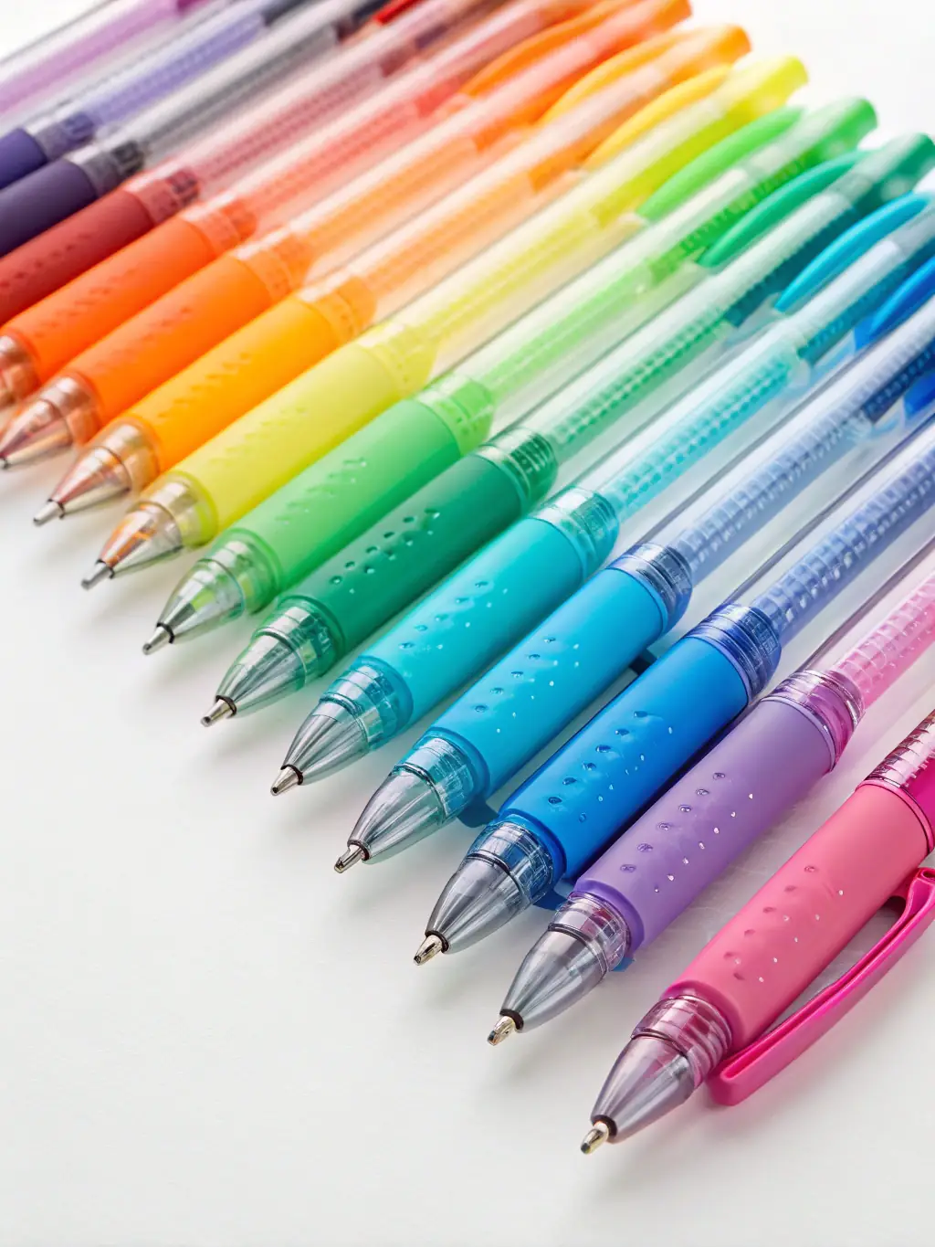 A set of Mochi Fine Point Gel Pens in assorted colors, displayed on a notebook, showcasing their vibrant ink and fine tips.